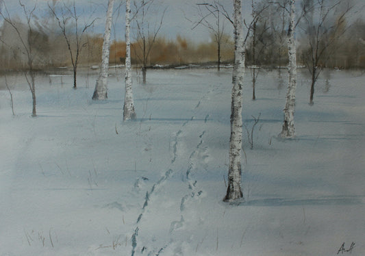 Watercolour, original painting. 39x58 cm. 'Traces in the snow'