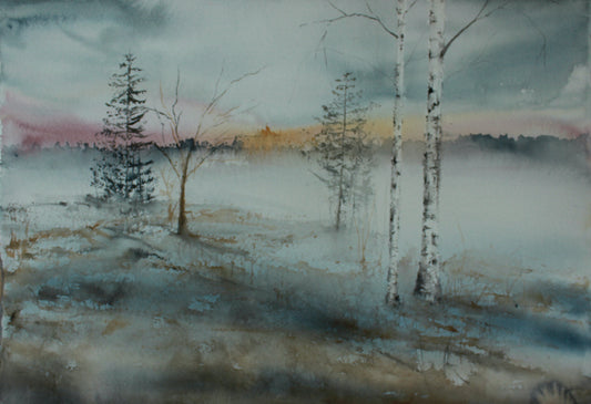 Watercolour, original painting. 39x58 cm. 'Fog on the meadow'